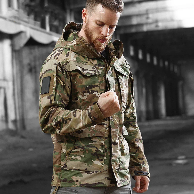 

US Tactical Jacket Mens Outdoor Coat Long Tactical Jacket Hooded Trench Army Field Military Hiking Jacket Waterproof Windbreaker