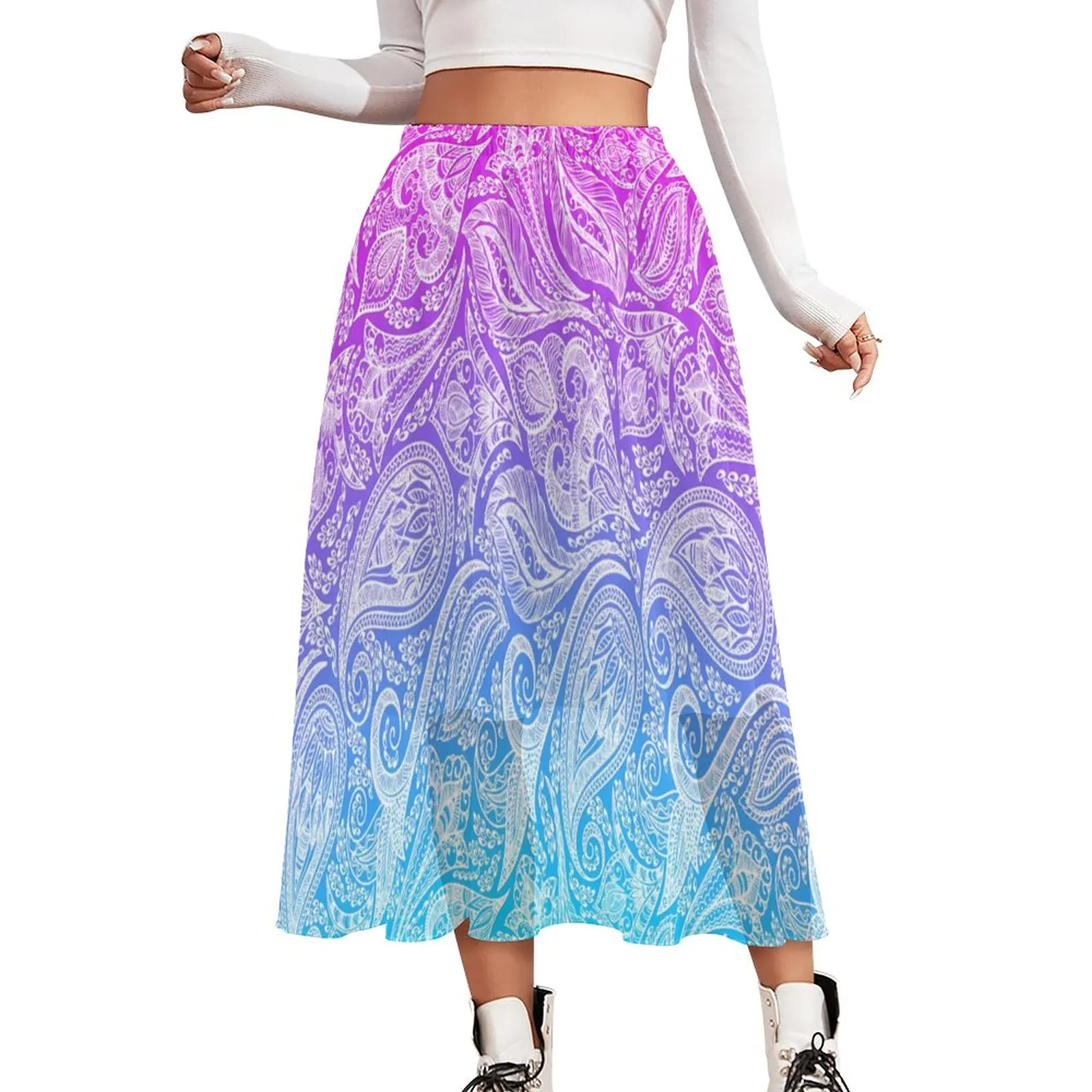 

White Floral Paisley Chiffon Skirt Ombre Print Korean Fashion Casual Skirts Womens Kawaii A-line Skirt Clothes Birthday Present