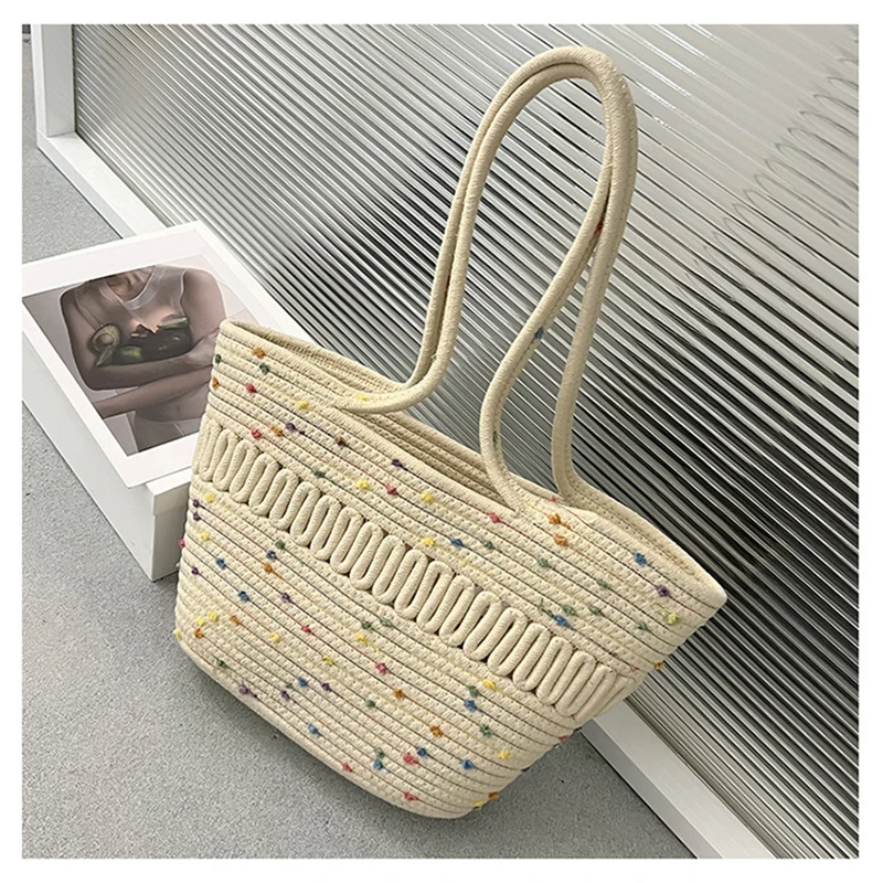 FOSIZZO 2023 New Summer High Capacity French Straw Woven Bag Beach Resort Bag Women's Shoulder Hollow Cotton Thread Woven Bag