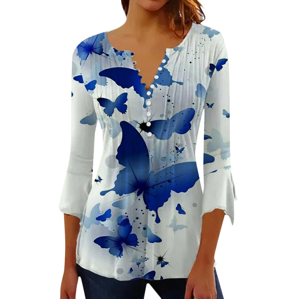 

Укороченный топ на пуговицах с V-образным вырезом и принтом, женская футболка, Повседневная Свободная рубашка с длинным рукавом, элегантные характерные топы с принтом