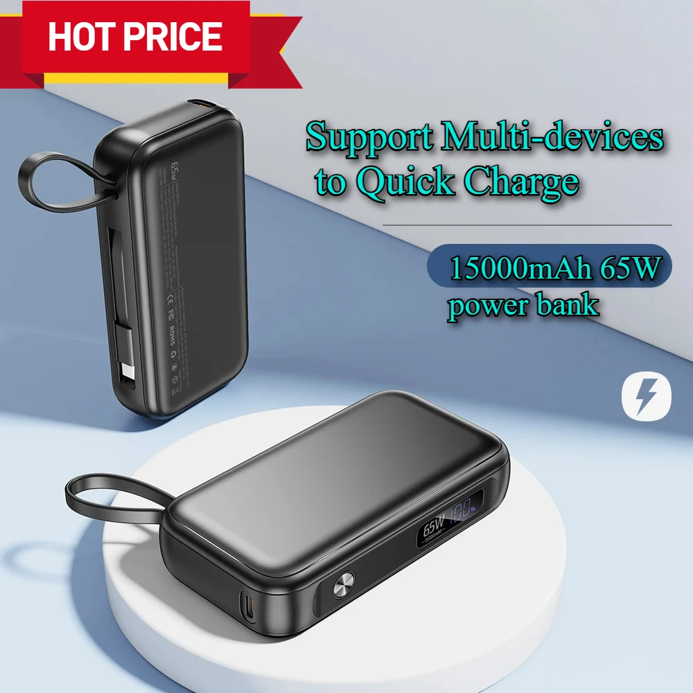 15000 мАч с кабелем USB C Power Bank Портативный запасной аккумулятор для IPhone IPad Macbook 65 Вт