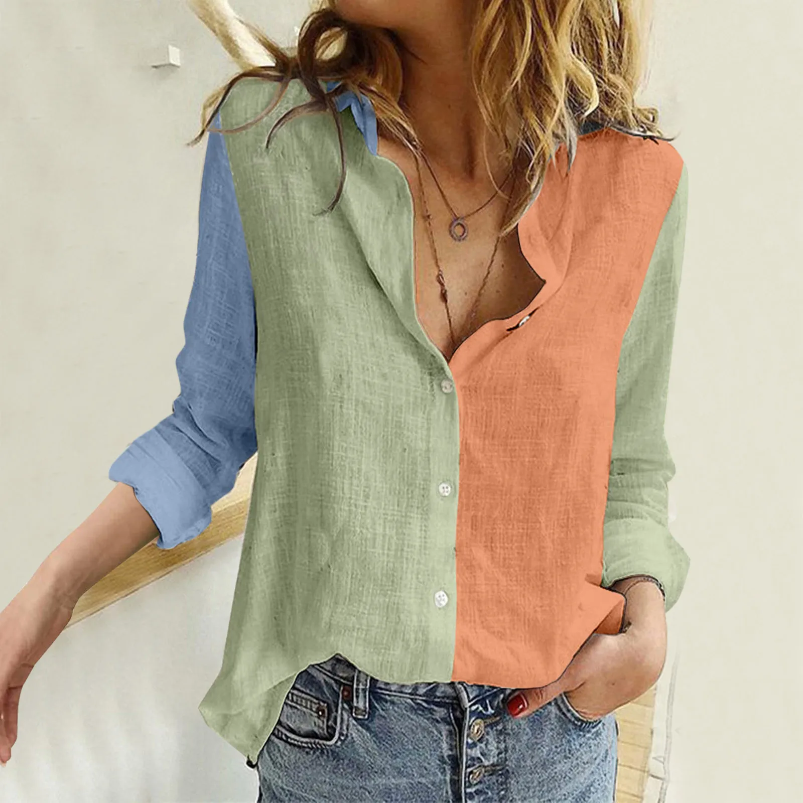 

Cotton Linen Shirt Vintage Flower Print Shirts Womens Button Down Shirts V Neck Long Sleeve Roll Up Loose Blouses Beach Blusas