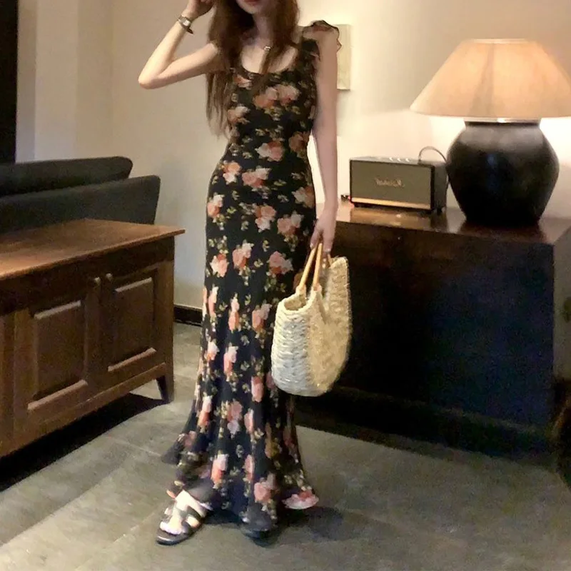 

New Dumbo Slim Fit Floral Dress Woman 2023 Summer Travel Resort Style French Vintage Dress