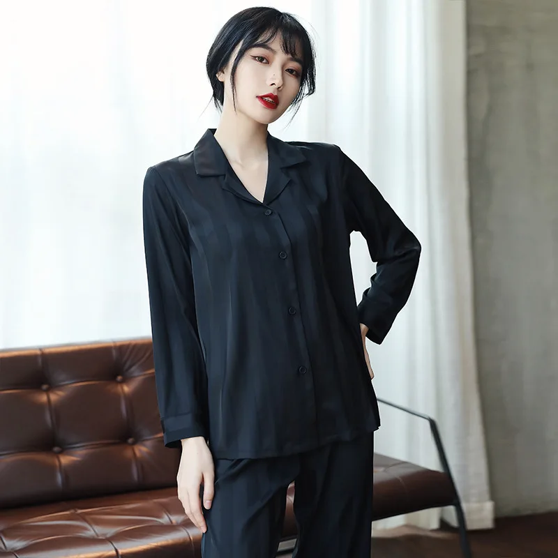 Silk Pajamas Women's Striped Jacquard Black Loose Shirt Long-Sleeved Trousers Can Be Worn outside Korean Style Two-Piece Suit