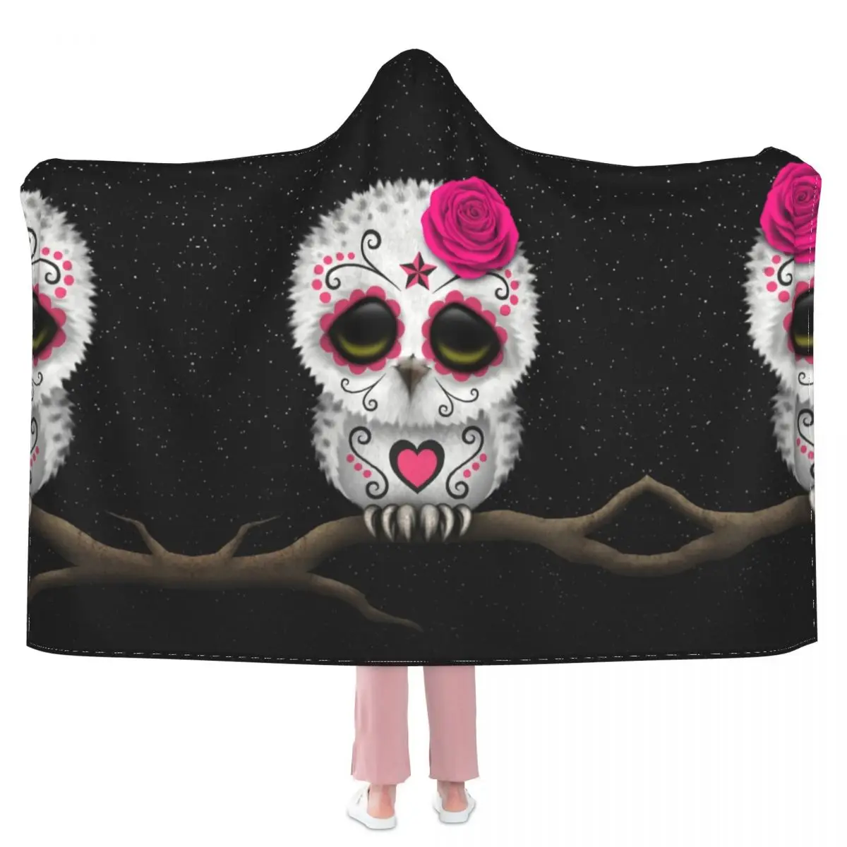 

Cute Pink Day Of The Dead Sugar Skull Owl Blanket Mexican Skull Animal Fleece Sleep Hooded Blanket Soft Fashion Furry Bedspread
