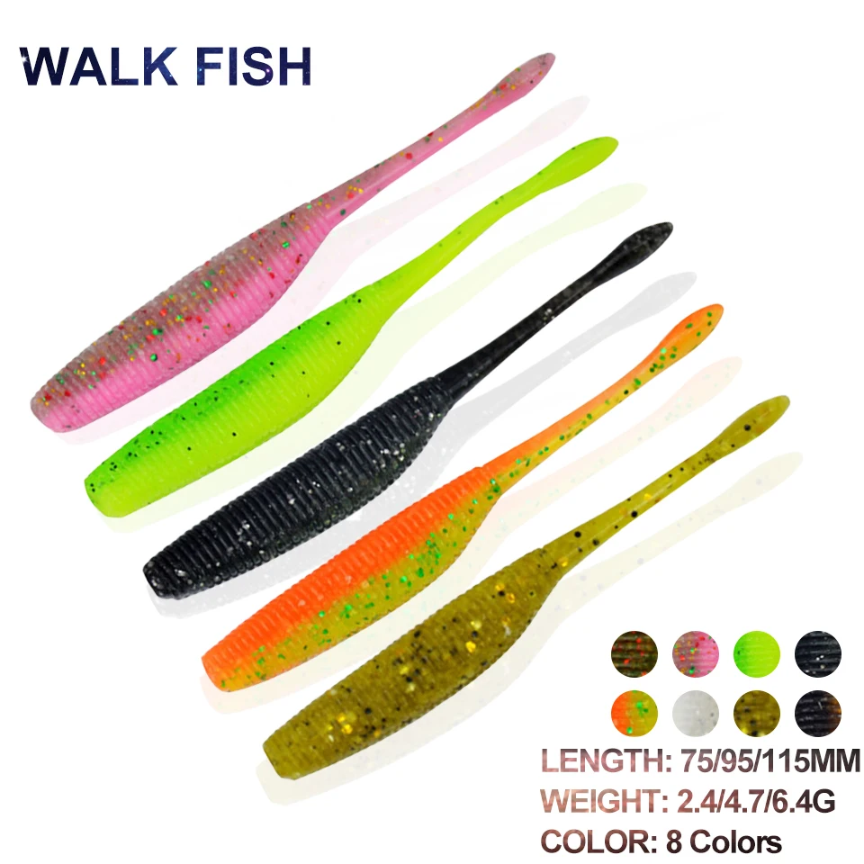 

WALK FISH мягкая рыболовная приманка, 5 шт./лот, 75 мм/95 мм/115 мм, пластиковая свимбейт, Хвост Червя, соленый хвост, поддельная приманка, Снасть