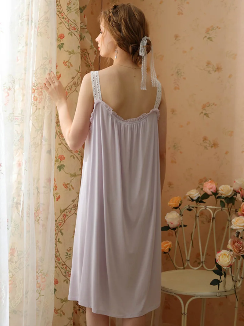 Women Summer Victorian Nightgowns Spaghetti Strap Backless Lace Fairy Nightdress Sweet Vintage Princess Modal Sexy Sleepwear