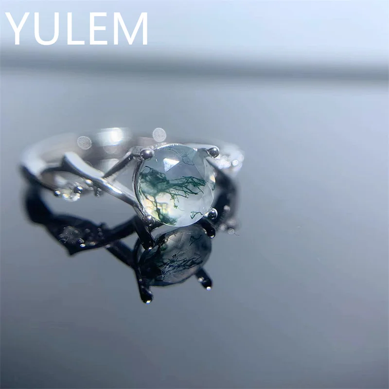 

YULEM Luxury round Moss Agate Ring 925 Sterling Silver Natural Gemstone Engagement Ring Prong Setting Wedding Ring Fine Jewelry