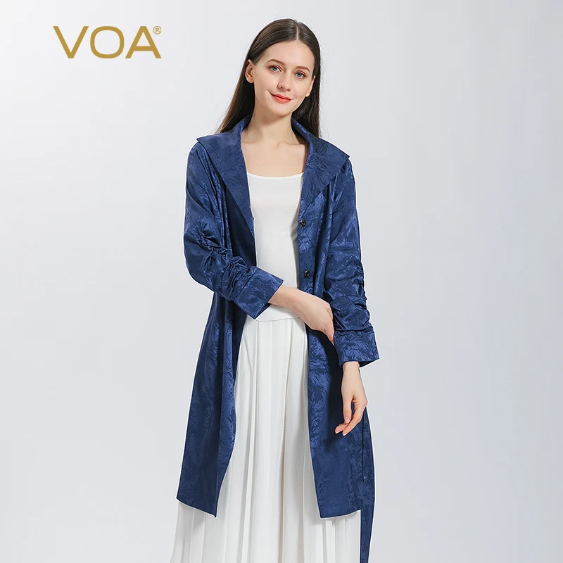 

(Clearance Sale) VOA Silk Jacquard Trench Coat Women Long Sleeve Slim Belt Outerwear Single Breasted Casual Spring Jackets F506