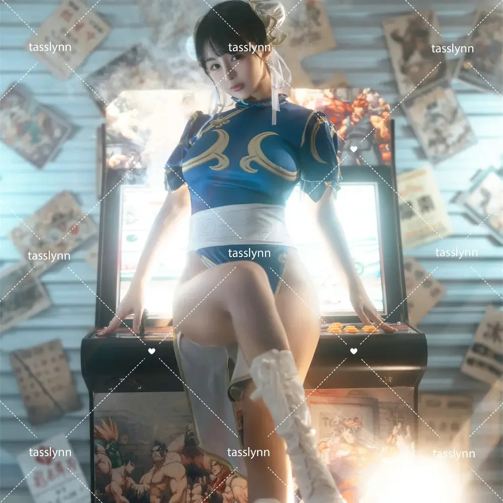 Игры костюмы для косплея Чунь ли Хэллоуина женское платье-Ципао синего цвета