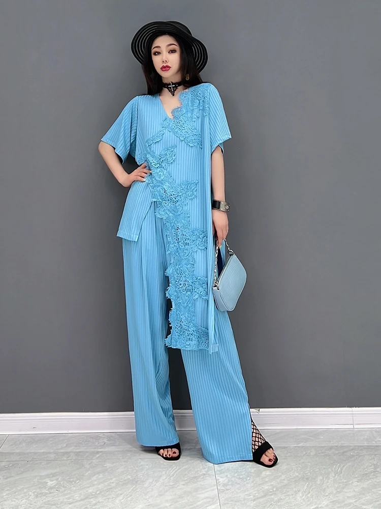 

SuperAen 2022 Summer New Fashion Suit Casual Solid V Neck T-shirt Lace Wide Leg Pants Two Pieces Set