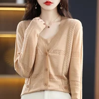 wool knitted cardigan suspenders womens two piece summer clothing fashion long sleeved thin tops v neck hollow sunscreen shirt