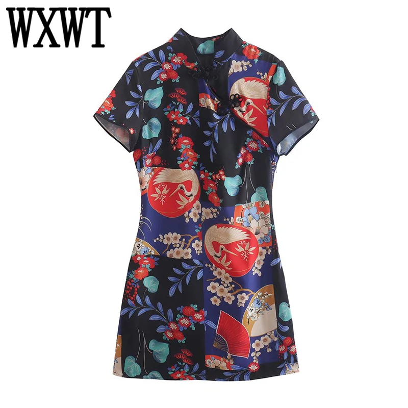 

WXWT Women Chic Print Mini Dresses Chinese Style Short Sleeve Slim Dresses Female Satin Party Dress OZZ1448