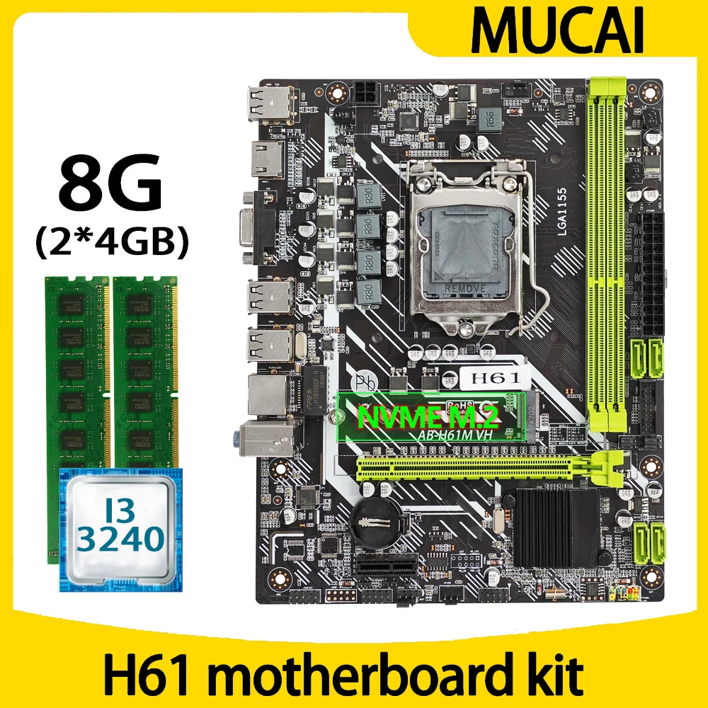 

Материнская плата MUCAI H61 LGA 1155 комплект с DDR3 8 Гб (2*4 Гб) 1600 МГц ОЗУ и процессором Intel Core i3 3240 процессор ПК компьютер