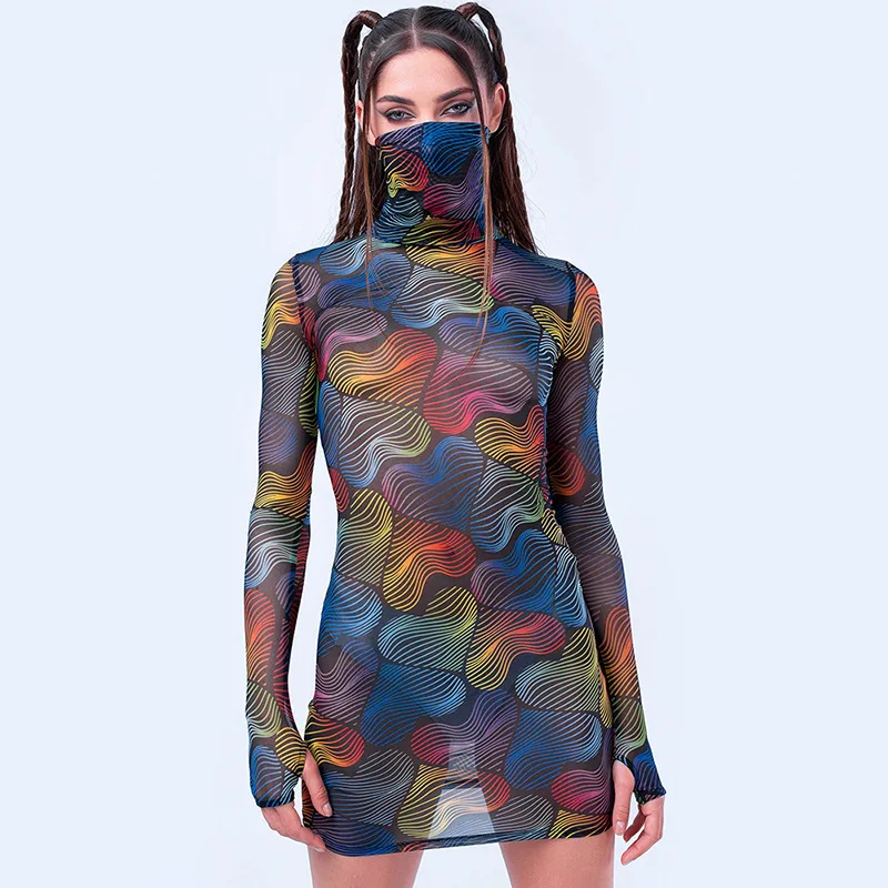 

Colorful Y2K Dresses for Women 2023 Summer Ladies Tight Long Sleeve Turtleneck Skims Short Mini Mesh Dress Nightclub Party Robe