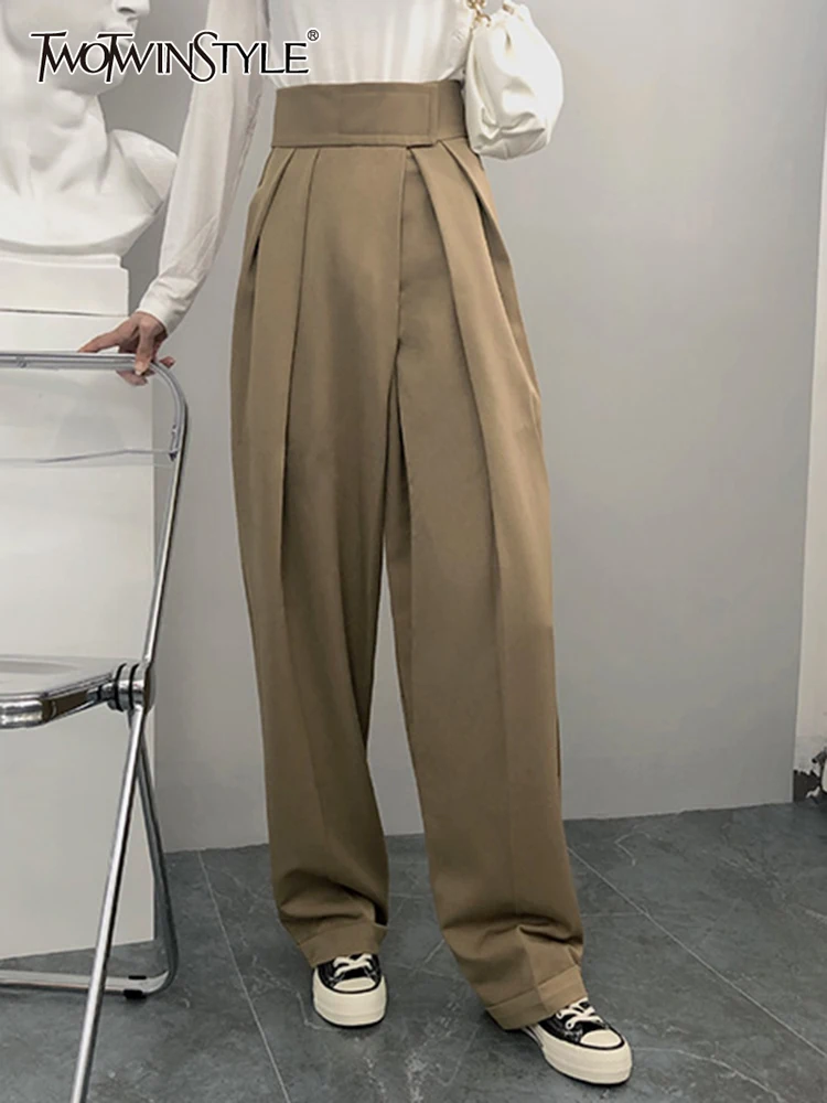 

TWOTWINSTYLE Solid Wide Leg Pant For Women Gathered Waist Patchwork Ruched Trousers Female Clothing 2022 Fashion Casual Autumn