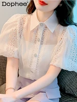 summer white chiffon shirt women 2022 new loose french style hollow out short puff sleeve chic top female blusas