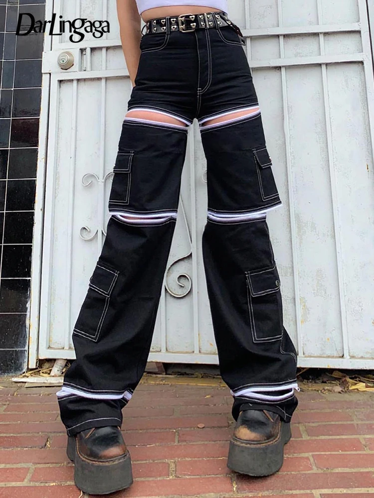 

Darlingaga Streetwear Gothic Zip Up Straight High Waist Jeans Women Punk Pockets Cargo Pants Harajuku Patched Denim Trousers Y2K