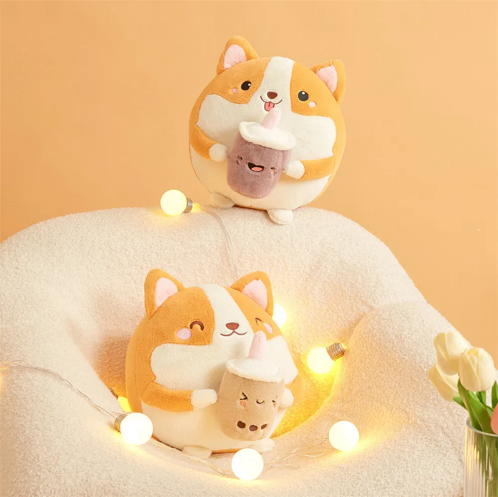 30cm Cute Boba Bubble Milk Tea Cup Kawaii Fat Corgi Dog Plush Toys Stuffed Round Squishy Animals Doll Kids Girls Birthday Gifts