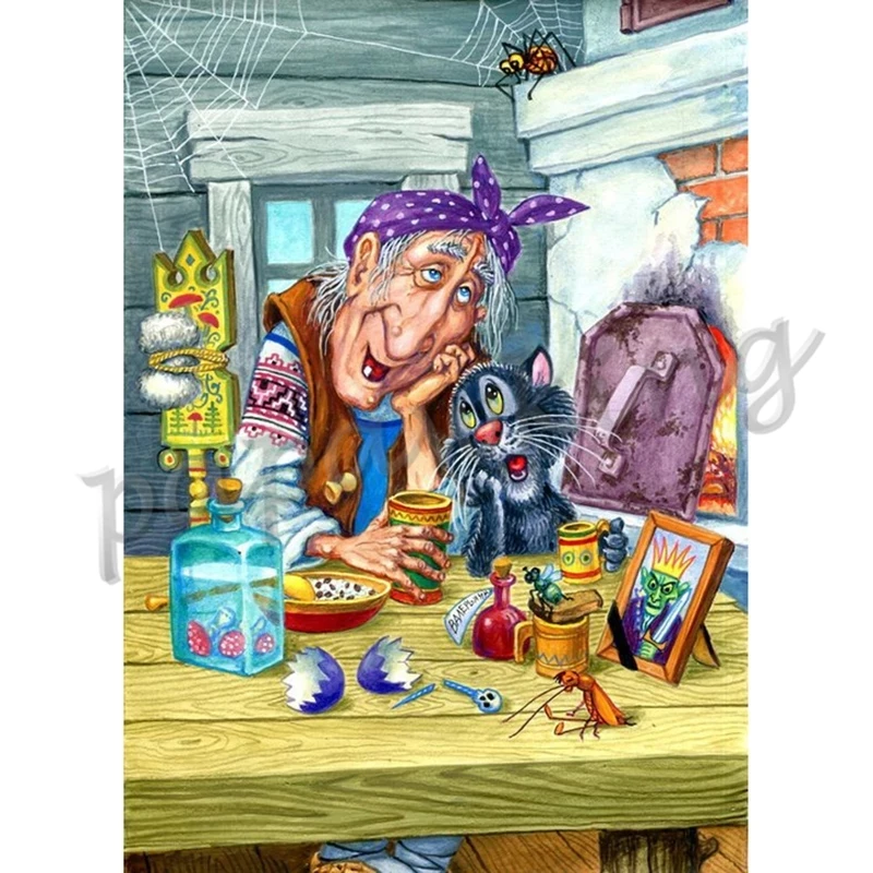 

Diy Handmade Needlework Diamond Embroidery Witch and Cat Rhinestone Cross Stitch Kit Mosaic Diamond Painting Art Home Decoration