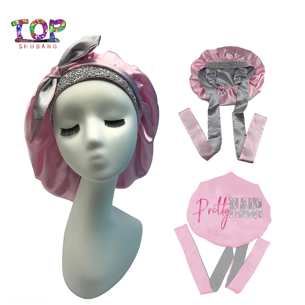 Custom Logo Silk Bling Bonnet With Long Tie Bonnets And Satin Hair Wraps Women Cap