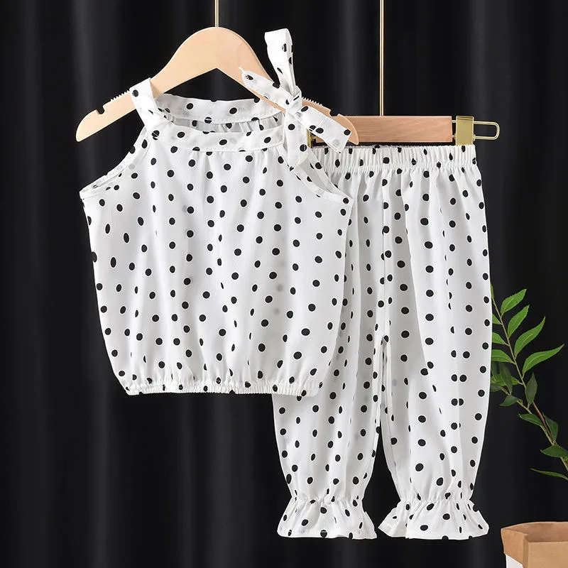 

Baby Girls Clothing Sets Summer Sleeveless Polka Dot Kids Girls Clothes Sets Chiffon Shirts+Pants Outfits Children Suits 2PCS