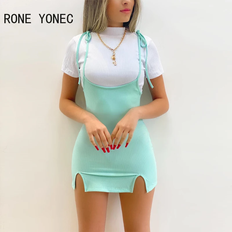 

Women Solid Spaghetti Straps Short Sleeveless Small Silt Bodycon Mini Sweety Dress Set