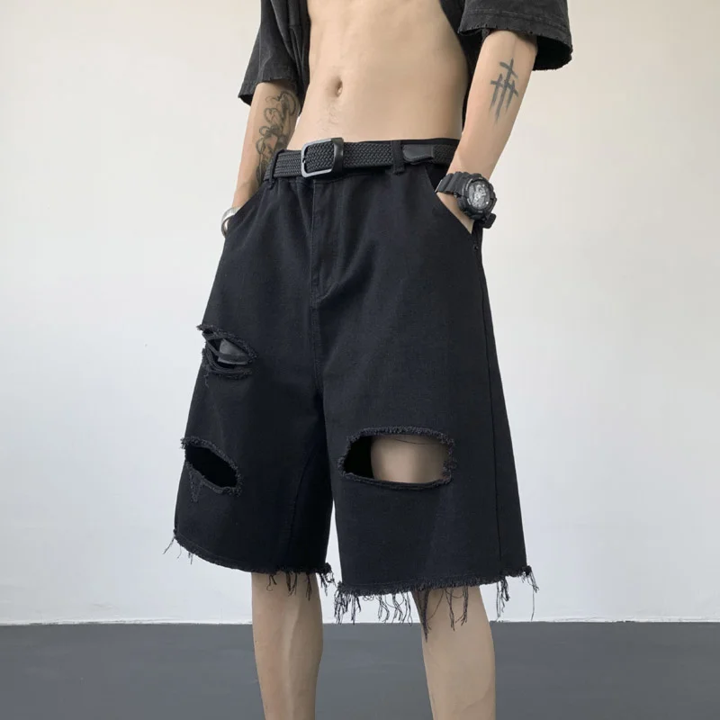 

Summer Black Hole Denim Shorts Men Fashion Casual Vintage Denim Shorts Mens Streetwear Hip Hop Loose Ripped Jeans Shorts Men
