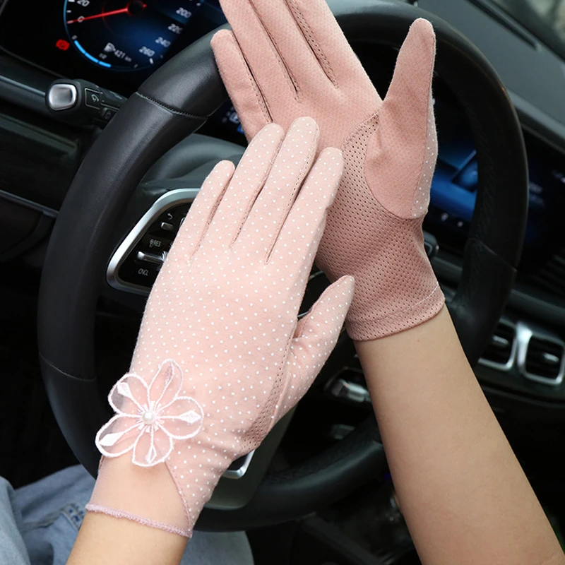 

Silk Short Gloves Dot Print Full Finger Mittens Anti-Slip Breathable Cycling Driving Gloves Lace Flower UV Sunscreen Thin Gloves
