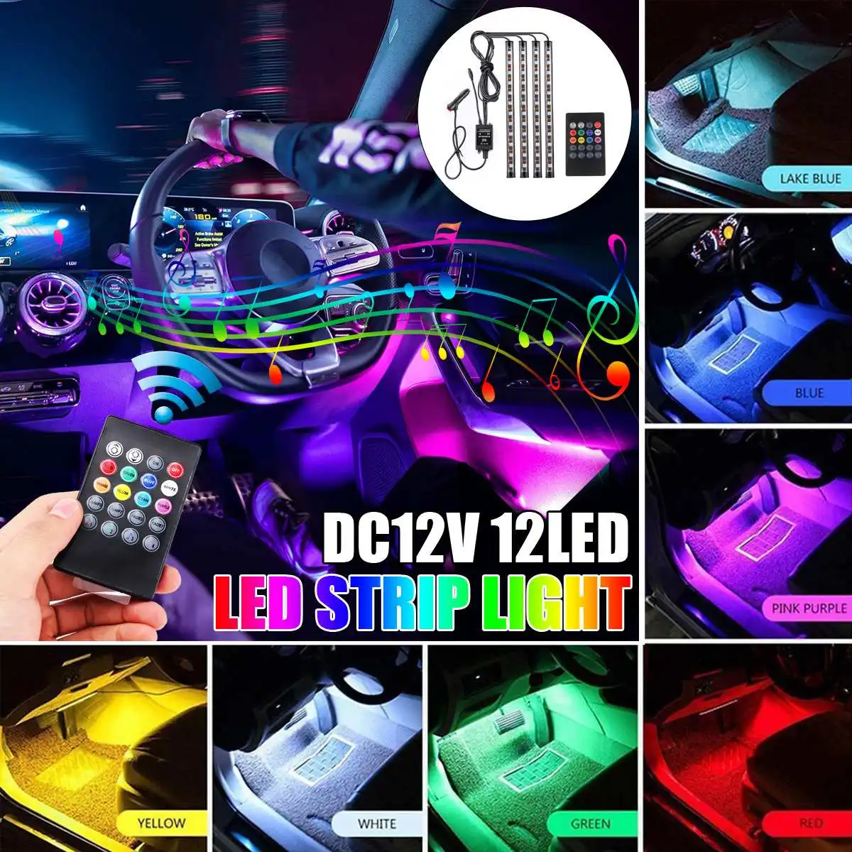 

4 in 1 Automotive Interior Decorative Lights LED Car Foot Light 12 LED RGB Atmosphere Lamp Ambient Lamp Remote/Voice Control