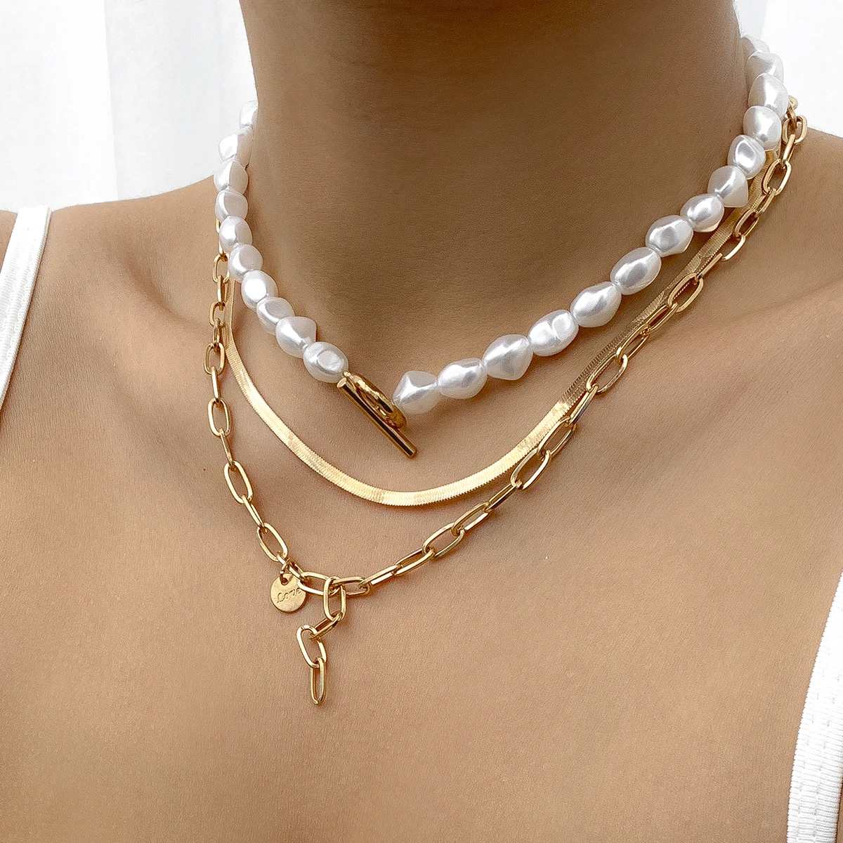 

PuRui Fashion Baroque Imitation Pearl Chain Choker Charm Flat Snake Chain Multi-Piece Combination Chain Necklace Party Jewelry