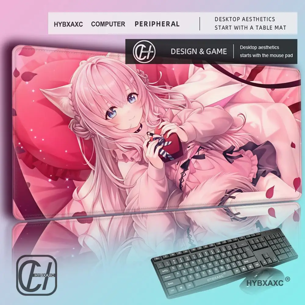 Фото Розовый коврик для мыши Hololive Idol с изображением Хакуи Коёри, аниме-девушка, большой настольный коврик, коврик для клавиатуры ноутбука, XXL коврик для мыши, игровой коврик для ПК №1