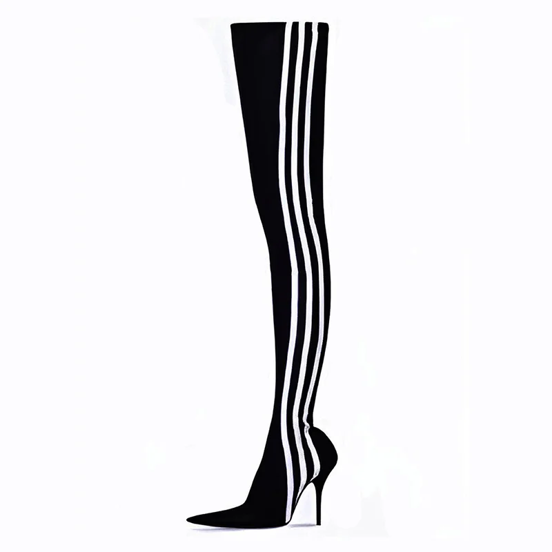 

Three Stripes Over Knee Boots Satins Contrast Color High Heel Elastic Boots Pointed Tip Thin Heel Wrapped Legs Sexy WomenShoes