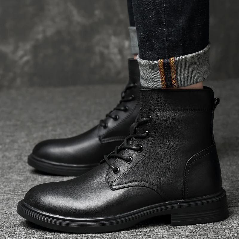 

genuine Leather men Boots lace up plush warm snow Boots Men cow Leather winter Boots men Motorcycle Boots big size 48 49 50