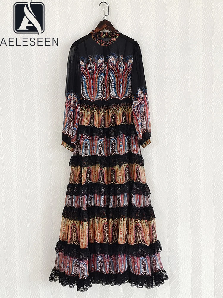 

Женское длинное платье AELESEEN, Осеннее Сетчатое платье с воротником-стойкой и длинными рукавами в стиле ретро, с цветочным принтом, в этническом стиле, Элегантное Вечерние, для праздника