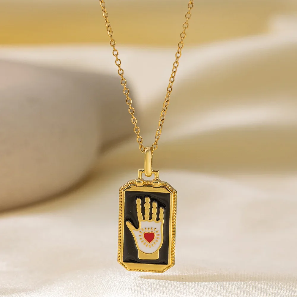 Сглаз Рука Луна Звезды Прямоугольное Ожерелье 18 К Позолоченный Цирконий CZ