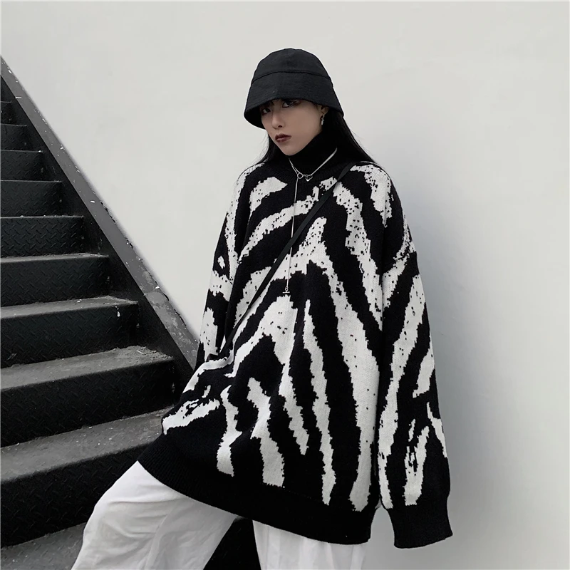 

Sweaters Womens Harajuku Oversize Long Sleeve Pullovers Casual Knitting Autumn Zebra Pattern Bf Couple Korean Style Retro Tide