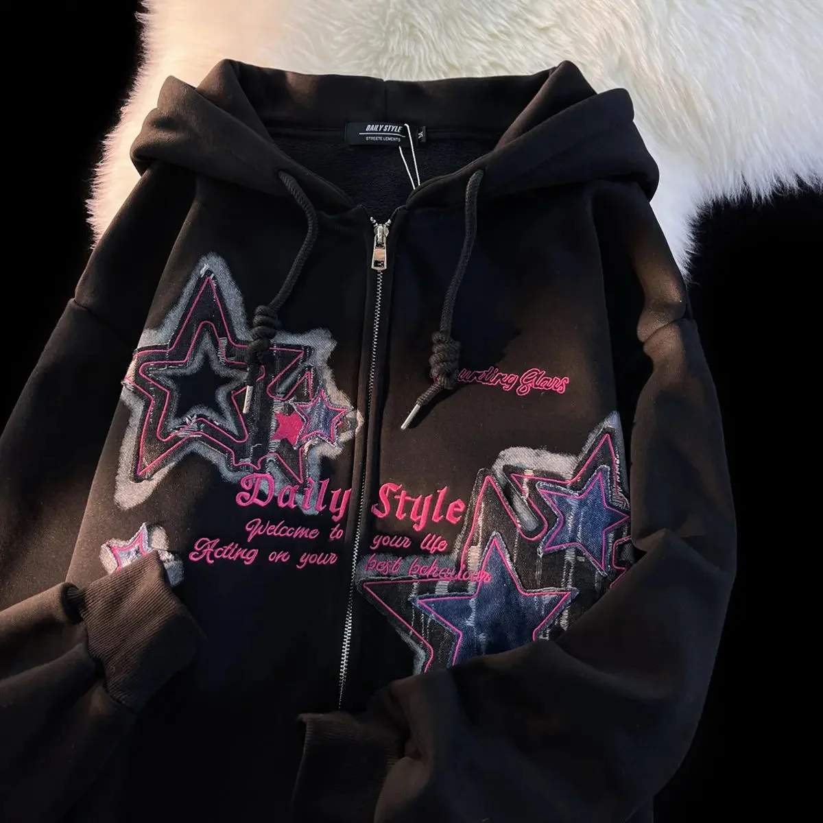 

Американская винтажная Толстовка с вышивкой в виде звезд, Женское пальто большого размера с капюшоном, корейские куртки для женщин, готические толстовки в стиле Харадзюку
