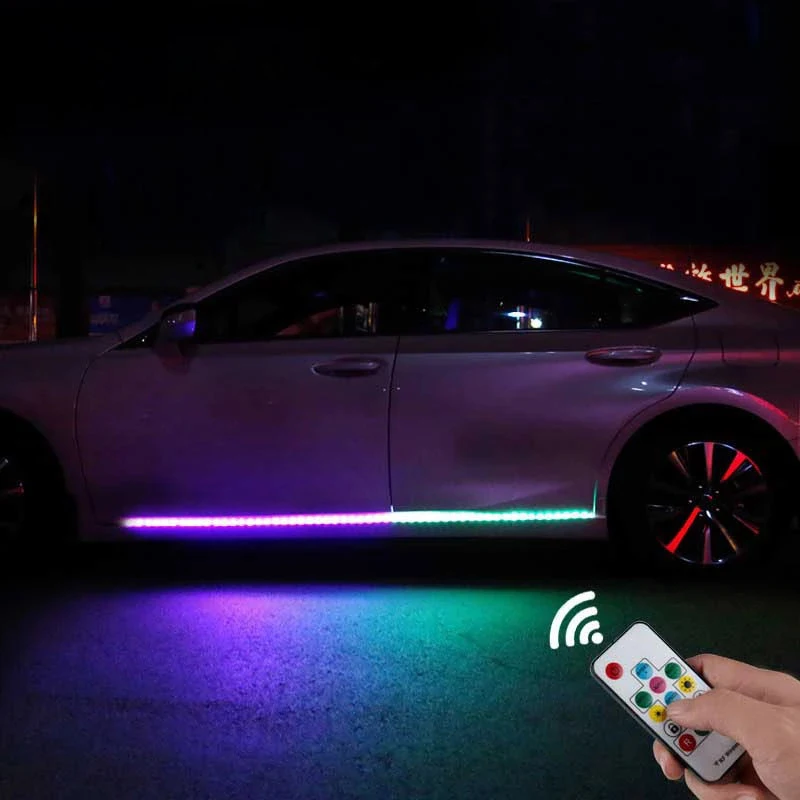 Купи RGB Light Ambient Door Lights Auto Atmosphere Lamp Exterior Flowing Decorative Lamp Flexible Strip RF Control Car Light Assembly за 1,293 рублей в магазине AliExpress