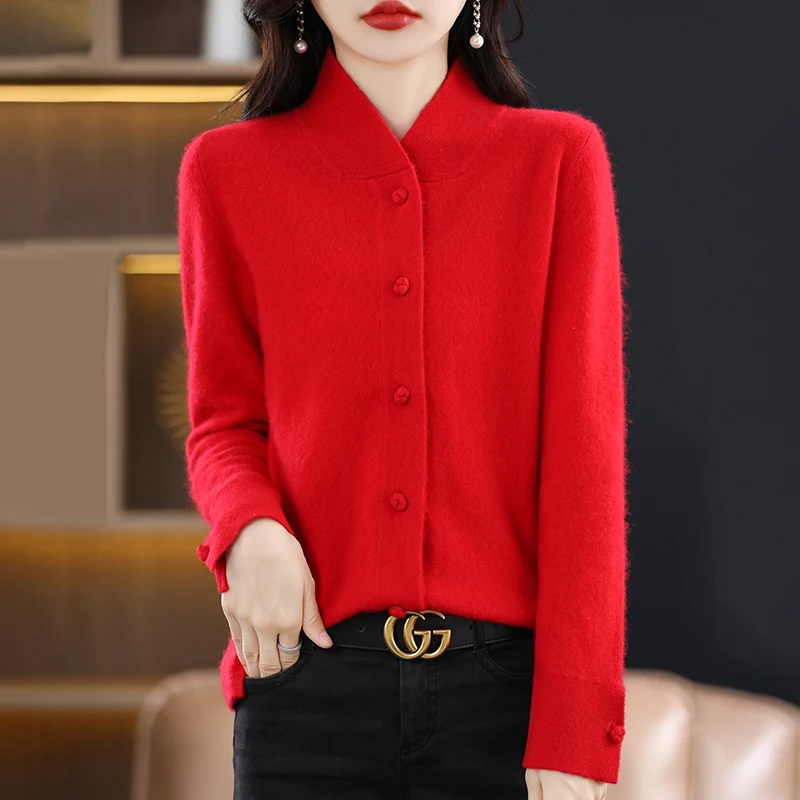 Autumn Winter High-End Retro Disc Buckle Stand Collar Ethnic Style Handmade 100 Wool Cardigan Women Loose Pure Cashmere Knit Top