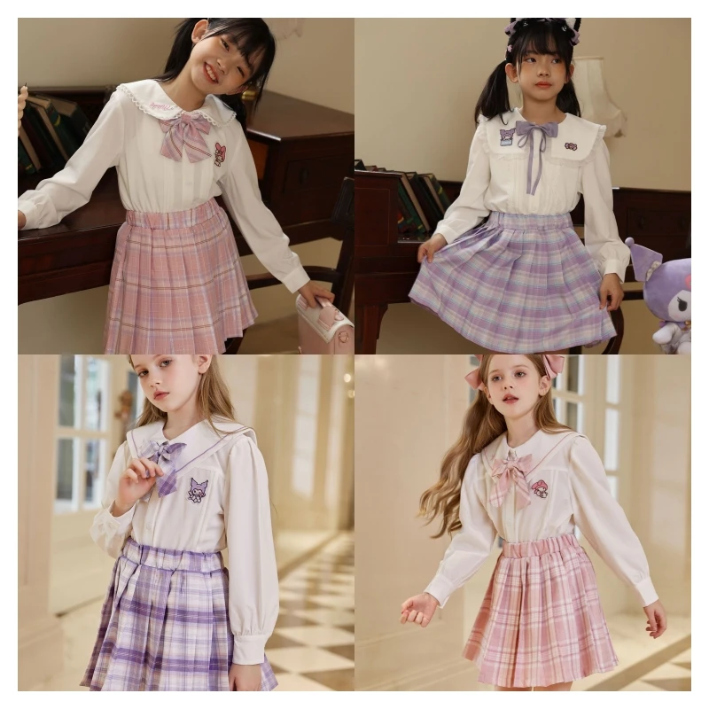 

Sanrios Kuromi My Melody Children Anime Long Sleeve Bow Tie Shirt Plaid Pleated Skirt Suit Cartoon Girls Jk Uniform Kids Gift