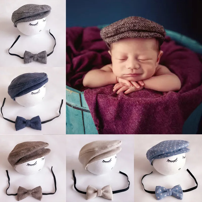 Newborn Photography Costume Male Baby Gentleman's Hat+ Butterfly Bow Tie 2 Pieces/set Studio Infant Photograph Props Accessories