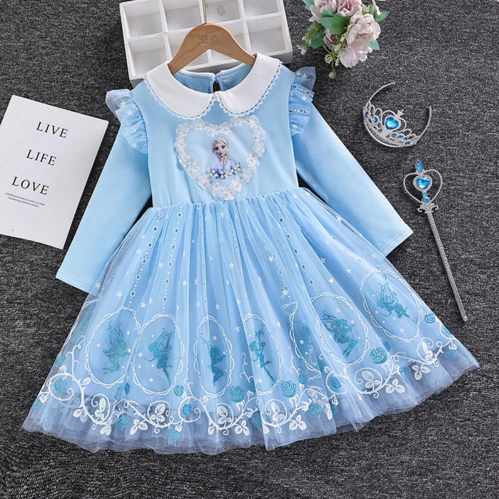 

Girls Long Sleeve Frozen Elsa Princess Dress Spring Autumn Children Kids Lace Mesh Patchwork Ball Gown Elegant Birthday Dresses