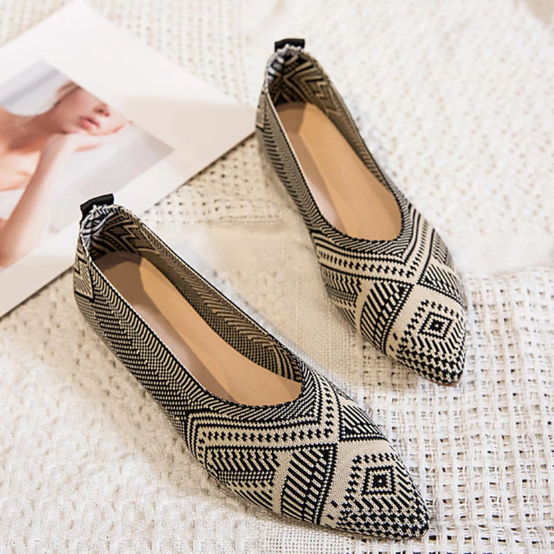 

Spring Ballet Flats Shoes for Women Shallow Mouth Knitted Pointed Toe Slip on Loafers Soft Sole Boat Shoes Zapatos Para Mujer