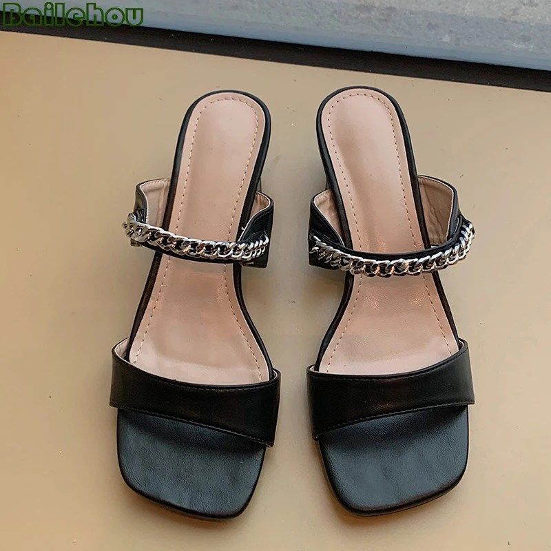 

Big Size Woman Pumps Slippers Female Shoes Metal Chain Slides Summer Shoes For Women Sandals 2022 Ladies Peep Toe High Heels