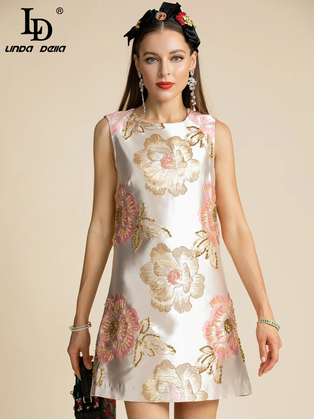 

LD LINDA DELLA Fashion Runway Summer Short Tank Dress Women's Sleeveless Luxury Crystal Beaded Flowers Loose Mini Dresses