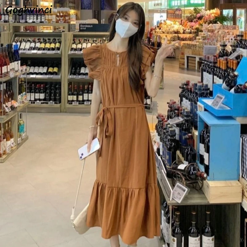 

Женское классическое повседневное платье, милое летнее платье средней длины со складками и рукавами в Корейском стиле, в минималистичном с...