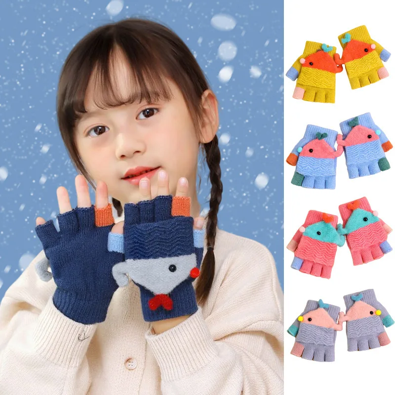 

Children's Winter Gloves Half Finger Flip Mittens Boys Girls Warm Hand Warmer Children Students Writing Five Finger Gloves