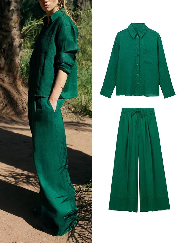 

Pants Sets Women 2023 Spring Autumn 2 Piece Linen Shirt Wide Leg Pants Women's Suit Green Casual Two Pieces Set Womens Outfits