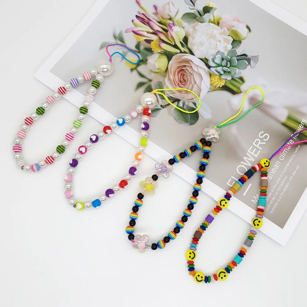 

Acrylic Colorful Beads Short Mobile Phone Chain For Women Rainbow Color Stripes Bohemian Style Lanyard Key Summer